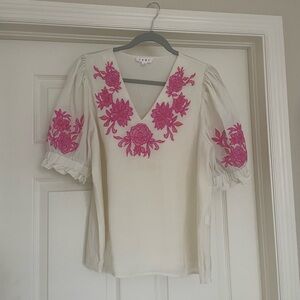THML Off White Blouse with Pink Floral Embroidery NWOT